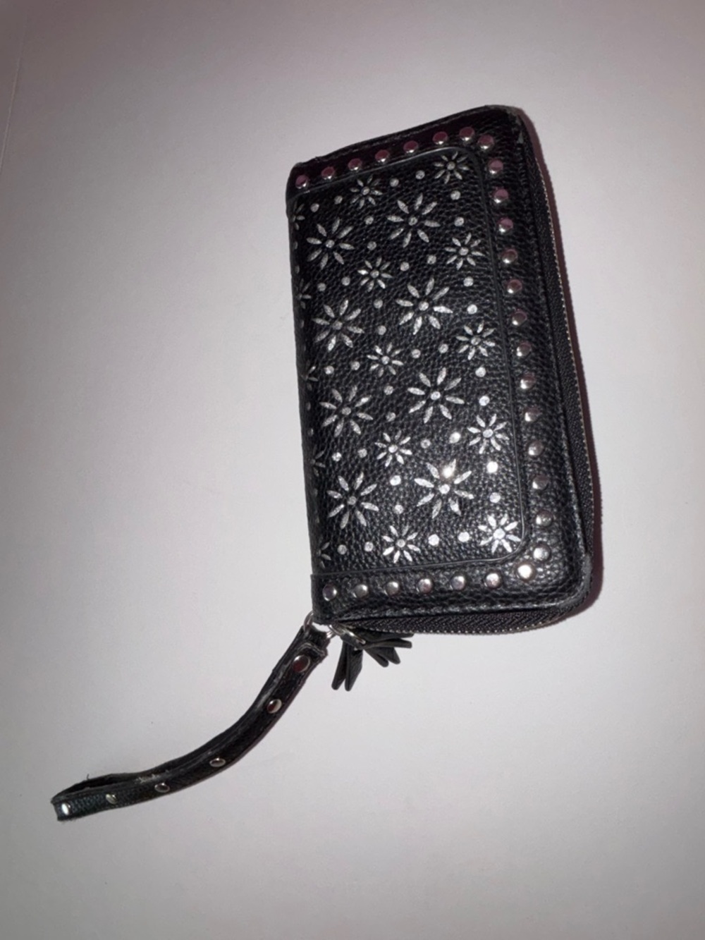 Black Floral Stud Zip-Around Wristlet Wallet